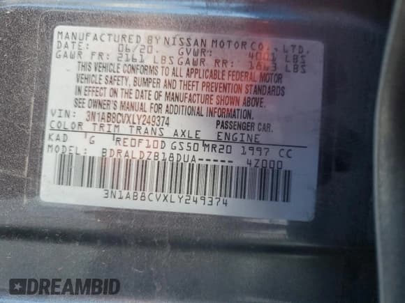 ✅ 2020 Nissan Sentra SV • VIN: 3N1AB8CVXLY249374 • Lot: 90923415. Listed on Copart with 50,208 mi. Free auction sales archive from the USA and detailed vehicle history report at DreamBid. Image 12.