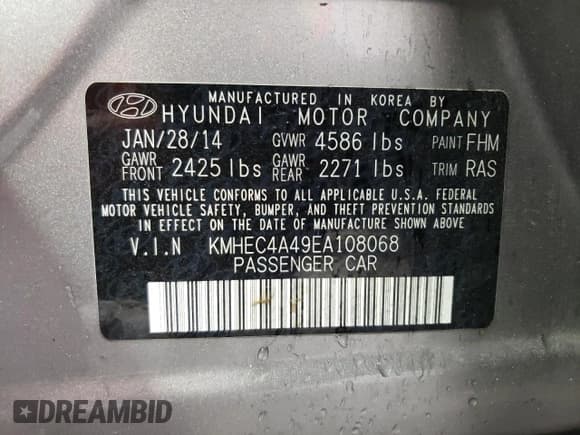 ✅ 2014 Hyundai Sonata Limited • VIN: KMHEC4A49EA108068 • Lot: 41383195. Listed on Copart with 186,158 mi. Free auction sales archive from the USA and detailed vehicle history report at DreamBid. Image 14.
