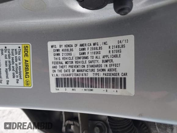 ✅ 2013 Acura TL • VIN: 19UUA8F27DA016767 • Lot: 42082878. Listed on IAAI with 121,058 mi. Free auction sales archive from the USA and detailed vehicle history report at DreamBid. Image 9.