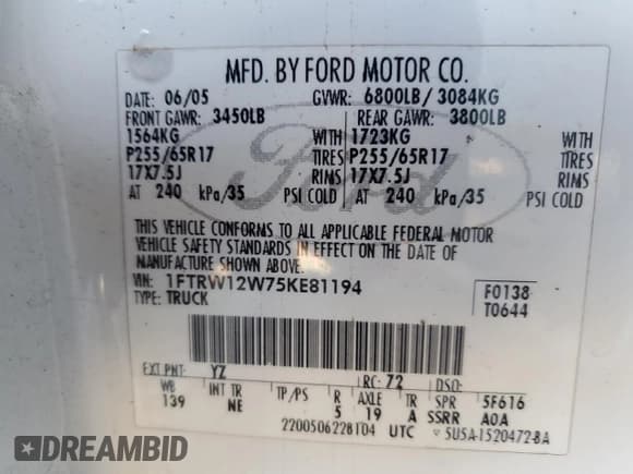 ✅ 2005 Ford F-150 XLT • VIN: 1FTRW12W75KE81194 • Лот: 68182345. Опубликован ранее на Copart с пробегом 213 927 миль. Бесплатный доступ к архиву аукционных продаж из США и подробный отчёт об истории автомобиля на DreamBid. Изображение 12.