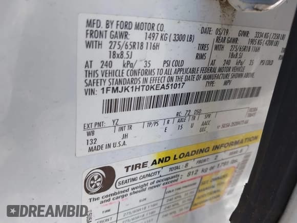 ✅ 2019 Ford Expedition Max XLT • VIN: 1FMJK1HT0KEA51017 • Lot: 41587193. Listed on IAAI with 141,559 mi. Free auction sales archive from the USA and detailed vehicle history report at DreamBid. Image 9.