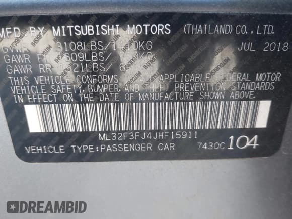 ✅ 2018 Mitsubishi Mirage ES • VIN: ML32F3FJ4JHF15911 • Лот: 43452508. Опубликован ранее на IAAI с пробегом 67 618 миль. Бесплатный доступ к архиву аукционных продаж из США и подробный отчёт об истории автомобиля на DreamBid. Изображение 9.