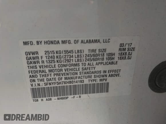 ✅ 2017 Honda Pilot EX-L • VIN: 5FNYF5H7XHB014193 • Lot: 43040443. Listed on IAAI with 246,920 mi. Free auction sales archive from the USA and detailed vehicle history report at DreamBid. Image 9.