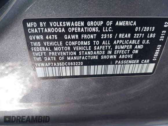 ✅ 2013 Volkswagen Passat S • VIN: 1VWAP7A35DC083220 • Lot: 41837652. Listed on IAAI with 193,966 mi. Free auction sales archive from the USA and detailed vehicle history report at DreamBid. Image 9.