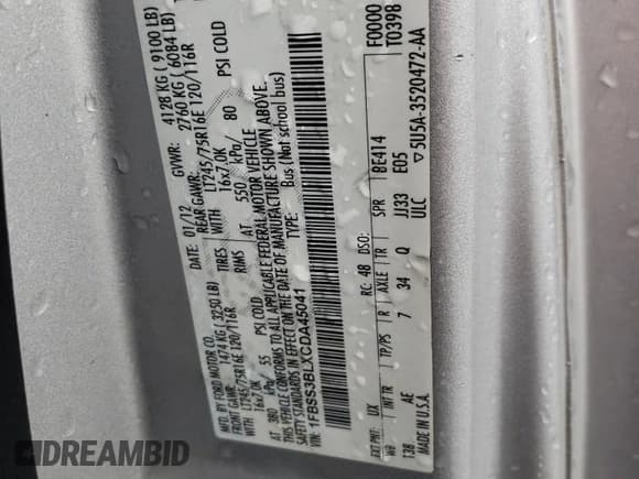 ✅ 2012 Ford Econoline Passenger XL • VIN: 1FBSS3BLXCDA45041 • Lot: 54742825. Listed on Copart with Not provided. Free auction sales archive from the USA and detailed vehicle history report at DreamBid. Image 13.