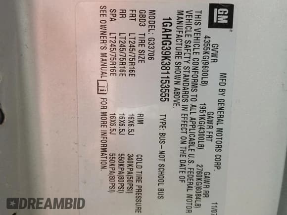 ✅ 2008 Chevrolet Express Passenger • VIN: 1GAHG39K381153555 • Lot: 62857925. Listed on Copart with 333,305 mi. Free auction sales archive from the USA and detailed vehicle history report at DreamBid. Image 13.