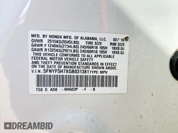 ✅ 2016 Honda Pilot EX-L • VIN: 5FNYF5H7XGB031381 • Lot: 91411605. Listed on Copart with 57,080 mi. Free auction sales archive from the USA and detailed vehicle history report at DreamBid. Image 14.