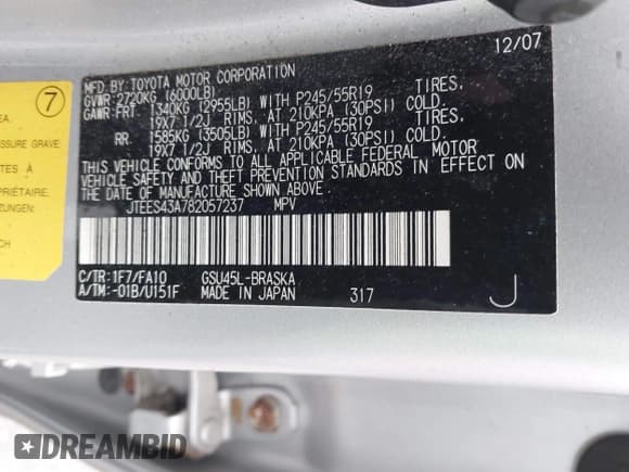 ✅ 2008 Toyota Highlander Sport • VIN: JTEES43A782057237 • Lot: 43888057. Listed on IAAI with 214,901 mi. Free auction sales archive from the USA and detailed vehicle history report at DreamBid. Image 9.