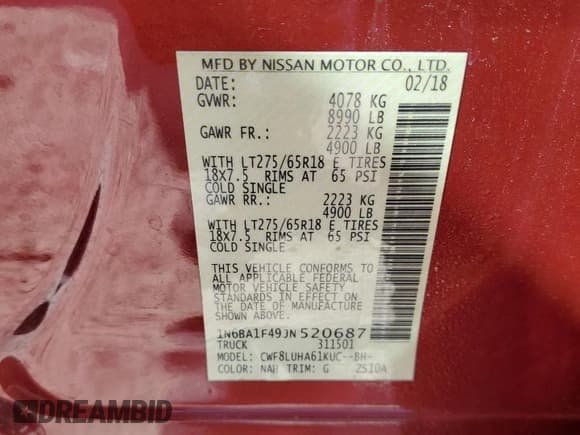 ✅ 2018 Nissan Titan Platinum Reserve • VIN: 1N6BA1F49JN520687 • Lot: 69172075. Wystawiony na Copart z przebiegiem 111 557 mil. Bezpłatny archiwum sprzedaży aukcyjnych z USA i szczegółowy raport historii pojazdu na DreamBid. Zdjęcie 13.