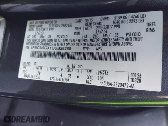 ✅ 2016 Ford Escape SE • VIN: 1FMCU9GX1GUB29260 • Лот: 43414566. Опубликован ранее на IAAI с пробегом 94 394 миль. Бесплатный доступ к архиву аукционных продаж из США и подробный отчёт об истории автомобиля на DreamBid. Изображение 9.