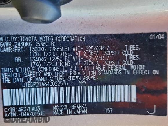 ✅ 2004 Toyota Highlander Limited • VIN: JTEDP21A840022538 • Lot: 95753415. Wystawiony na Copart z przebiegiem 190 769 mil. Bezpłatny archiwum sprzedaży aukcyjnych z USA i szczegółowy raport historii pojazdu na DreamBid. Zdjęcie 13.