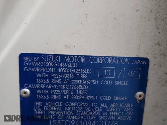 ✅ 2008 Suzuki Grand Vitara w/Spare & Cargo Covers • VIN: JS3TD941084101778 • Lot: 86121544. Listed on Copart with 125,802 mi. Free auction sales archive from the USA and detailed vehicle history report at DreamBid. Image 13.