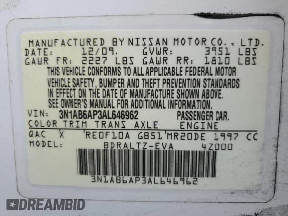 ✅ 2010 Nissan Sentra S • VIN: 3N1AB6AP3AL646962 • Lot: 81111295. Listed on Copart with 155,201 mi. Free auction sales archive from the USA and detailed vehicle history report at DreamBid. Image 12.