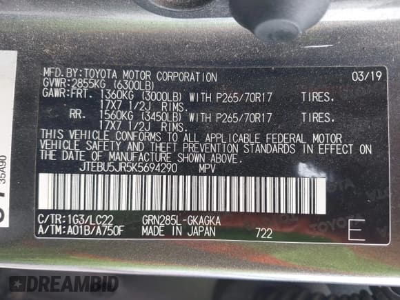 ✅ 2019 Toyota 4Runner SR5 • VIN: JTEBU5JR5K5694290 • Lot: 42175121. Listed on IAAI with 157,939 mi. Free auction sales archive from the USA and detailed vehicle history report at DreamBid. Image 9.