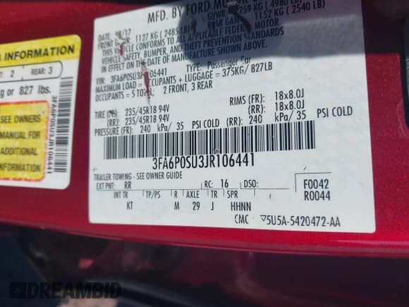 ✅ 2018 Ford Fusion Titanium • VIN: 3FA6P0SU3JR106441 • Lot: 41699936. Listed on IAAI with 146,330 mi. Free auction sales archive from the USA and detailed vehicle history report at DreamBid. Image 9.