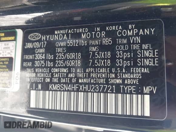 2017 Hyundai Santa Fe SE z VIN KM8SN4HFXHU237721, wystawiony jako IAAI lot #43580839 z przebiegiem 129 210 mil mil oraz . Historia ofert i sprzedaży dostępna na DreamBid. Obrazek 9.