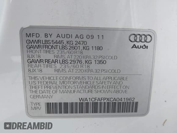 ✅ 2012 Audi Q5 Premium • VIN: WA1CFAFPXCA041962 • Lot: 43393112. Listed on IAAI with 98,329 mi. Free auction sales archive from the USA and detailed vehicle history report at DreamBid. Image 9.