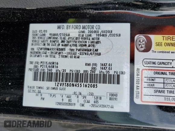 ✅ 2005 Ford Mustang Deluxe • VIN: 1ZVFT80N455162085 • Lot: 53783965. Listed on Copart with 134,371 mi. Free auction sales archive from the USA and detailed vehicle history report at DreamBid. Image 12.