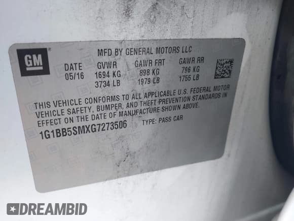 ✅ 2016 Chevrolet Cruze LS • VIN: 1G1BB5SMXG7273506 • Lot: 43651396. Listed on IAAI with 118,713 mi. Free auction sales archive from the USA and detailed vehicle history report at DreamBid. Image 9.