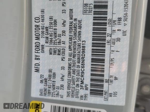 ✅ 2022 Ford Bronco Sport Outer Banks • VIN: 3FMCR9C68NRD98813 • Lot: 91402575. Listed on Copart with 74,315 mi. Free auction sales archive from the USA and detailed vehicle history report at DreamBid. Image 13.