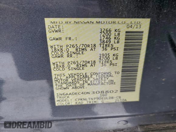 ✅ 2013 Nissan Titan SV • VIN: 1N6AA0EC4DN308802 • Lot: 91738155. Listed on Copart with 120,750 mi. Free auction sales archive from the USA and detailed vehicle history report at DreamBid. Image 12.