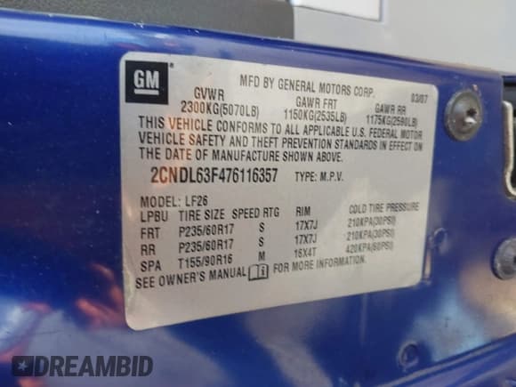 ✅ 2007 Chevrolet Equinox LT • VIN: 2CNDL63F476116357 • Лот: 41467651. Опубликован ранее на IAAI с пробегом 165 935 миль. Бесплатный доступ к архиву аукционных продаж из США и подробный отчёт об истории автомобиля на DreamBid. Изображение 9.