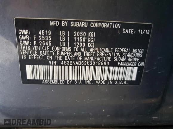 ✅ 2019 Subaru Legacy • VIN: 4S3BNAB63K3018883 • Lot: 80989995. Wystawiony na Copart z przebiegiem 177 033 mil. Bezpłatny archiwum sprzedaży aukcyjnych z USA i szczegółowy raport historii pojazdu na DreamBid. Zdjęcie 12.