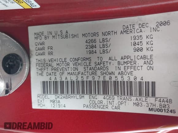 ✅ 2007 Mitsubishi Eclipse GS • VIN: 4A3AL25F97E055304 • Lot: 41911604. Listed on IAAI with 139,943 mi. Free auction sales archive from the USA and detailed vehicle history report at DreamBid. Image 9.