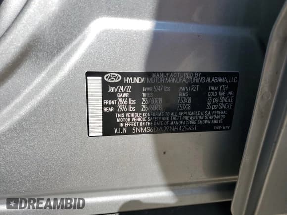 ✅ 2022 Hyundai Santa Fe SEL • VIN: 5NMS6DAJ9NH425651 • Lot: 82328825. Listed on Copart with 25,999 mi. Free auction sales archive from the USA and detailed vehicle history report at DreamBid. Image 13.