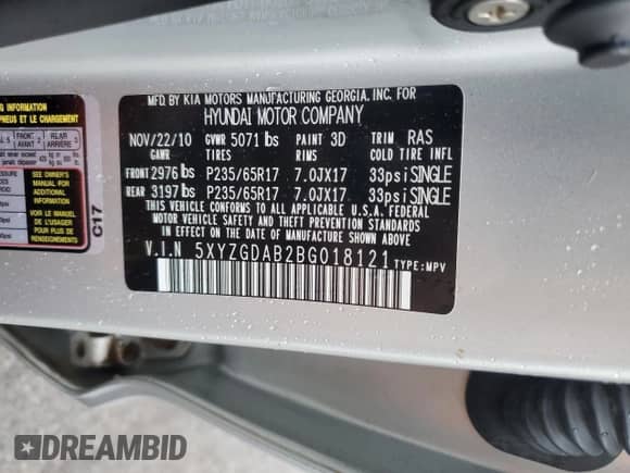 2011 Hyundai Santa Fe GLS с VIN 5XYZGDAB2BG018121, выставлен на аукционе Copart как лот 72858884 с пробегом 189 275 миль миль и Списание • Salvage title. История ставок и продаж доступна на DreamBid. Изображение 15.