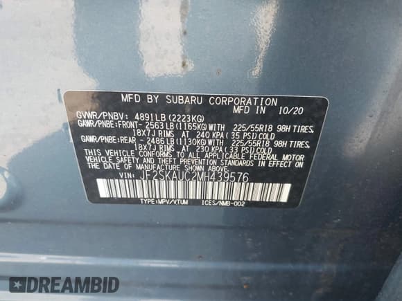 ✅ 2021 Subaru Forester Limited • VIN: JF2SKAUC2MH439576 • Lot: 42179846. Listed on IAAI with 51,312 mi. Free auction sales archive from the USA and detailed vehicle history report at DreamBid. Image 9.