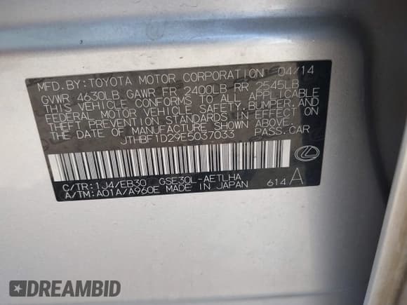 ✅ 2014 Lexus IS 250 • VIN: JTHBF1D29E5037033 • Lot: 43469242. Listed on IAAI with 138,991 mi. Free auction sales archive from the USA and detailed vehicle history report at DreamBid. Image 9.