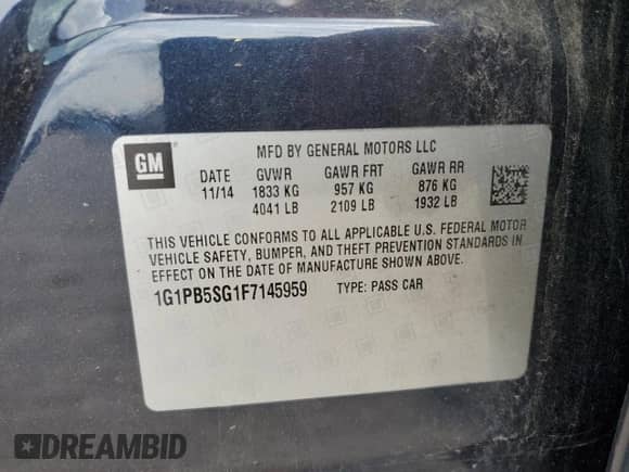 2015 Chevrolet Cruze LS с VIN 1G1PB5SG1F7145959, выставлен на аукционе Copart как лот 54184025 с пробегом 98 510 миль миль и Чистый • Clean title. История ставок и продаж доступна на DreamBid. Изображение 12.