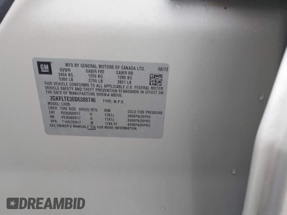 ✅ 2013 GMC Terrain SLE • VIN: 2GKFLTE36D6388746 • Lot: 42334021. Wystawiony na IAAI z przebiegiem 94 850 mil. Bezpłatny archiwum sprzedaży aukcyjnych z USA i szczegółowy raport historii pojazdu na DreamBid. Zdjęcie 9.