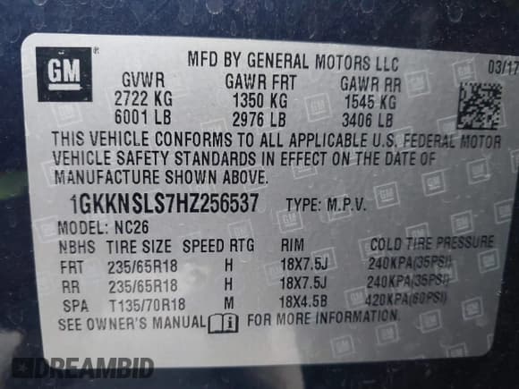 ✅ 2017 GMC Acadia SLE • VIN: 1GKKNSLS7HZ256537 • Lot: 40749854. Listed on IAAI with 99,214 mi. Free auction sales archive from the USA and detailed vehicle history report at DreamBid. Image 9.