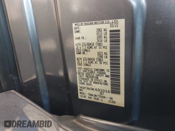 ✅ 2022 Nissan Rogue SV • VIN: 5N1BT3BA3NC691016 • Lot: 42976094. Listed on IAAI with 50,345 mi. Free auction sales archive from the USA and detailed vehicle history report at DreamBid. Image 9.