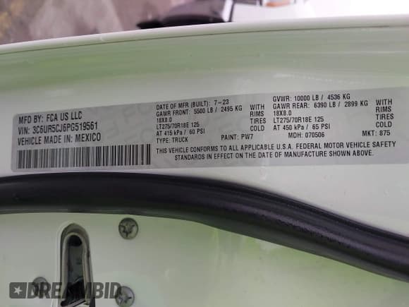 ✅ 2023 Ram 2500 Tradesman • VIN: 3C6UR5CJ6PG519561 • Лот: 43544964. Опубликован ранее на IAAI с пробегом 23 624 миль. Бесплатный доступ к архиву аукционных продаж из США и подробный отчёт об истории автомобиля на DreamBid. Изображение 9.