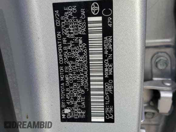 ✅ 2024 Toyota Prius LE • VIN: JTDACAAU6R3026679 • Lot: 92164295. Listed on Copart with 28,898 mi. Free auction sales archive from the USA and detailed vehicle history report at DreamBid. Image 12.