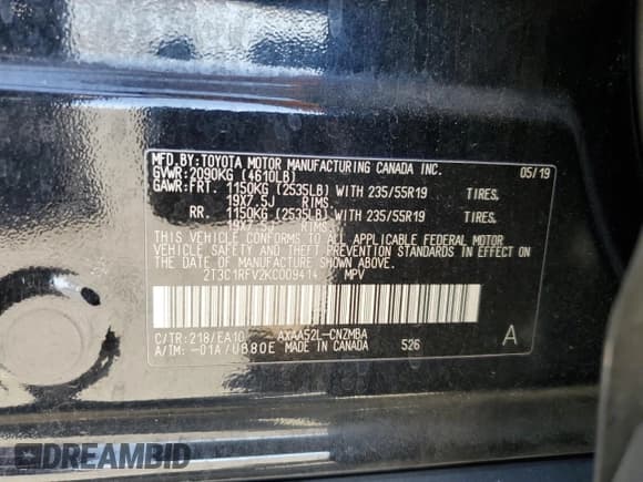 ✅ 2019 Toyota RAV4 XLE Premium • VIN: 2T3C1RFV2KC009414 • Lot: 81782435. Listed on Copart with 221,550 mi. Free auction sales archive from the USA and detailed vehicle history report at DreamBid. Image 13.