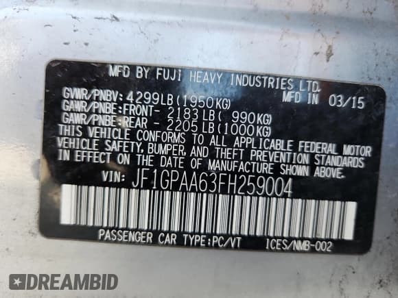 ✅ 2015 Subaru Impreza 2.0i • VIN: JF1GPAA63FH259004 • Lot: 81717245. Wystawiony na Copart z przebiegiem 178 593 mil. Bezpłatny archiwum sprzedaży aukcyjnych z USA i szczegółowy raport historii pojazdu na DreamBid. Zdjęcie 13.