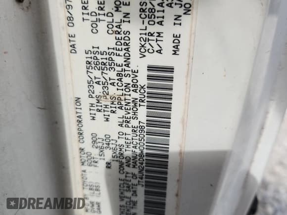 ✅ 1998 Toyota T100 SR5 • VIN: JT4UN24D8W0050987 • Лот: 85686345. Опубликован ранее на Copart с пробегом 285 581 миль. Бесплатный доступ к архиву аукционных продаж из США и подробный отчёт об истории автомобиля на DreamBid. Изображение 12.