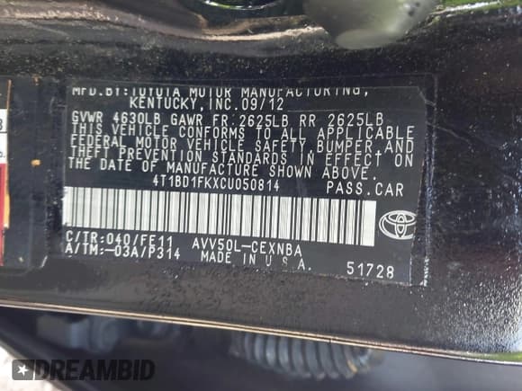 ✅ 2012 Toyota Camry XLE • VIN: 4T1BD1FKXCU050814 • Lot: 43683075. Listed on IAAI with 347,472 mi. Free auction sales archive from the USA and detailed vehicle history report at DreamBid. Image 9.