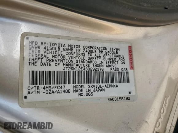 ✅ 1995 Toyota Camry LE • VIN: JT2SK12E4S0292376 • Lot: 80361575. Wystawiony na Copart z przebiegiem 283 257 mil. Bezpłatny archiwum sprzedaży aukcyjnych z USA i szczegółowy raport historii pojazdu na DreamBid. Zdjęcie 12.