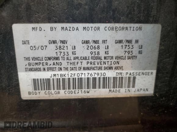 ✅ 2007 Mazda 3 i Sport • VIN: JM1BK12F071767930 • Lot: 85276435. Listed on Copart with 182,889 mi. Free auction sales archive from the USA and detailed vehicle history report at DreamBid. Image 12.