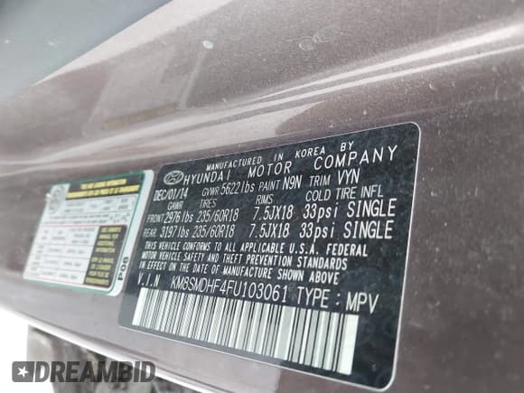 ✅ 2015 Hyundai Santa Fe GLS • VIN: KM8SMDHF4FU103061 • Лот: 43544205. Опубликован ранее на IAAI с пробегом 106 991 миль. Бесплатный доступ к архиву аукционных продаж из США и подробный отчёт об истории автомобиля на DreamBid. Изображение 9.