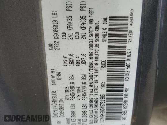 ✅ 2004 Dodge Dakota SLT • VIN: 1D7HG48N54S721985 • Lot: 81487634. Wystawiony na Copart z przebiegiem 228 354 mil. Bezpłatny archiwum sprzedaży aukcyjnych z USA i szczegółowy raport historii pojazdu na DreamBid. Zdjęcie 13.