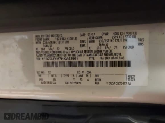 ✅ 2017 Ford Transit XL • VIN: 1FBZX2YM7HKA63901 • Lot: 42086462. Wystawiony na IAAI z przebiegiem 143 989 mil. Bezpłatny archiwum sprzedaży aukcyjnych z USA i szczegółowy raport historii pojazdu na DreamBid. Zdjęcie 9.