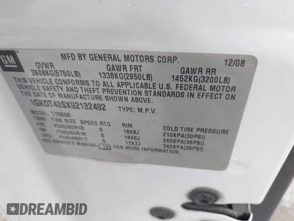✅ 2009 GMC Envoy SLT • VIN: 1GKDT43SX92132492 • Лот: 43574555. Опубликован ранее на IAAI с пробегом 170 598 миль. Бесплатный доступ к архиву аукционных продаж из США и подробный отчёт об истории автомобиля на DreamBid. Изображение 9.