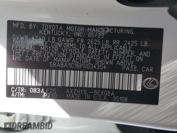 ✅ 2023 Lexus ES 300h F Sport • VIN: 58ABA1C16PU034354 • Лот: 76114784. Опубликован ранее на Copart с пробегом Не указан. Бесплатный доступ к архиву аукционных продаж из США и подробный отчёт об истории автомобиля на DreamBid. Изображение 14.