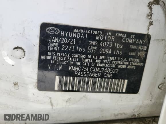 2021 Hyundai Ioniq SE с VIN KMHC75LCXMU248522, выставлен на аукционе Copart как лот 73154693 с пробегом 63 909 миль миль и Списание • Salvage title. История ставок и продаж доступна на DreamBid. Изображение 13.